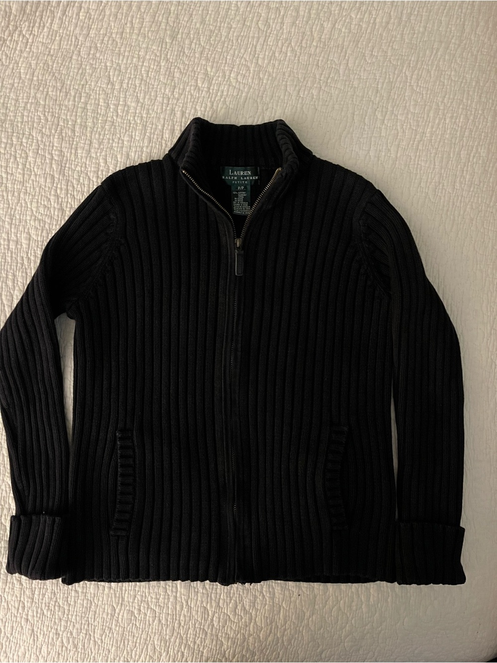 Ralph Lauren Black Ribbed Zip-Front Petite Women's Sweater - Leather zipper pull